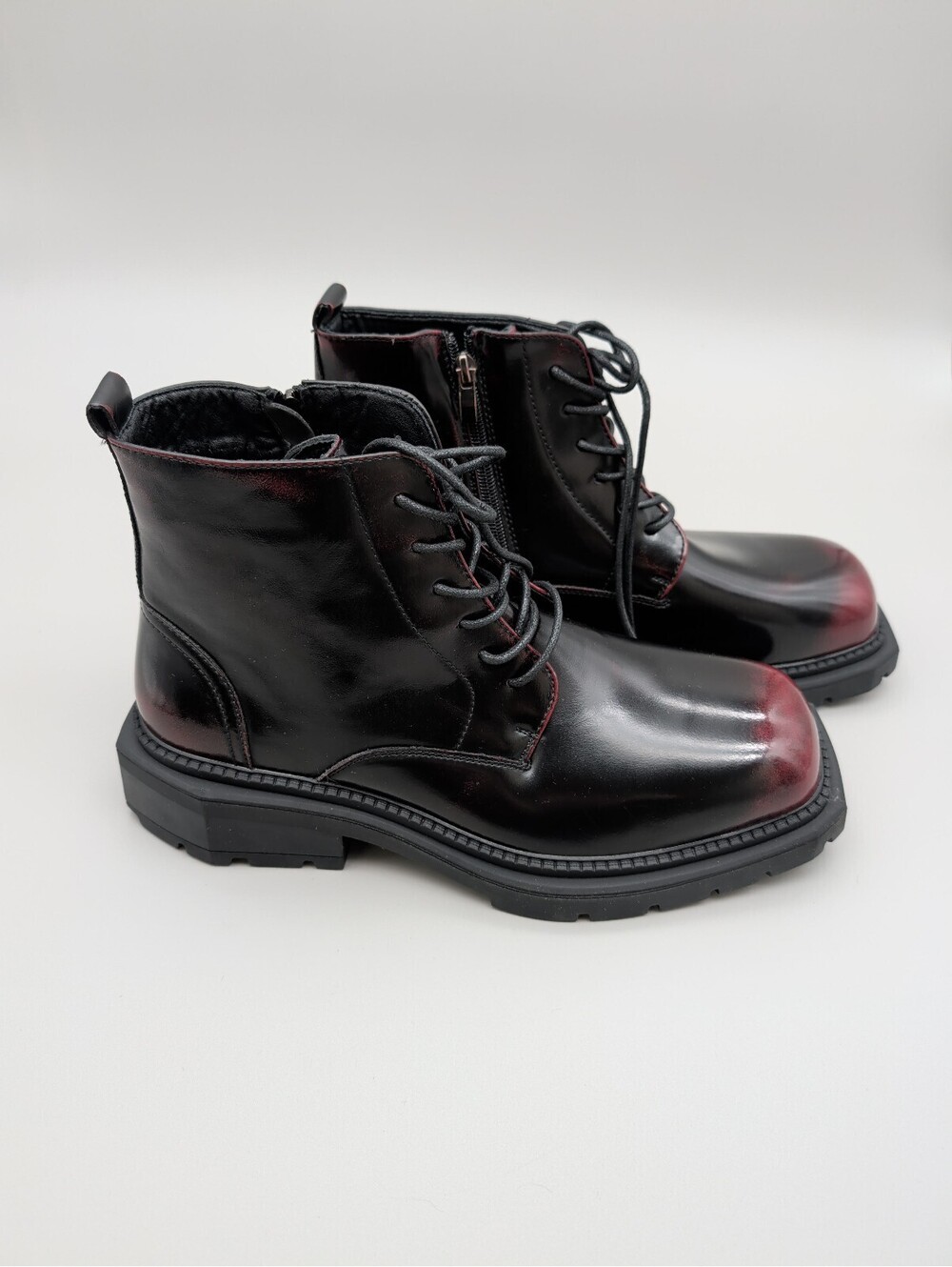 Black and Burgundy Leather Combat Boots with Side Zipper Size US 10.5 EU 44